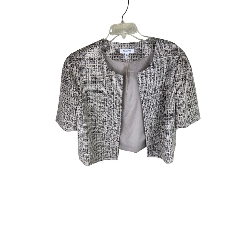 Nine West Womens XL Black White Tan Tweed Short Sleeve Open Front Cropped Jacket